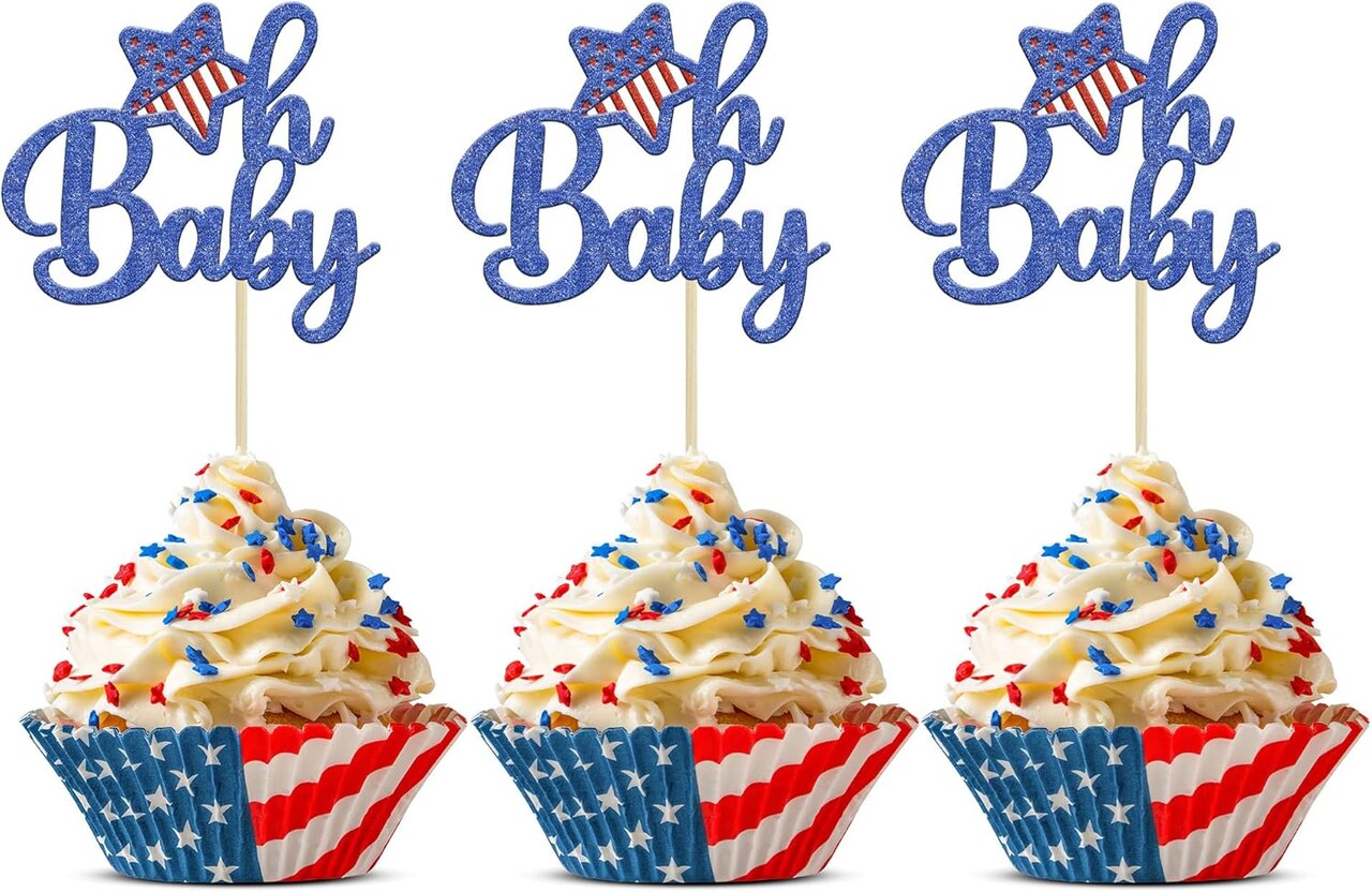 24-Piece Independence Day Cupcake Toppers, 4th of July “Oh Baby” Cupcake Picks for Baby Shower, Party Cake Decorating Supplies
